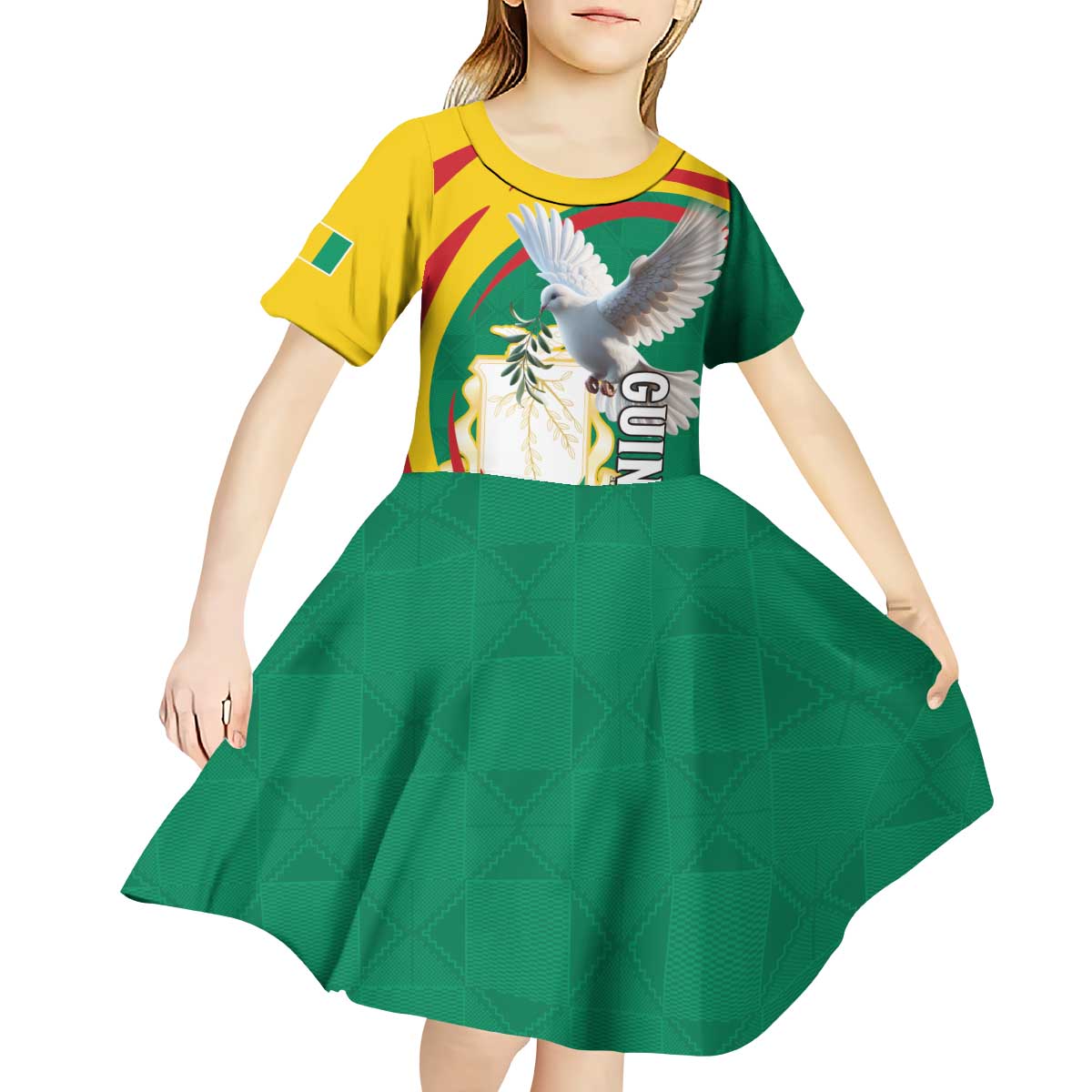 Guinea-Conakry Kid Short Sleeve Dress Coat Of Arms With Pigeon