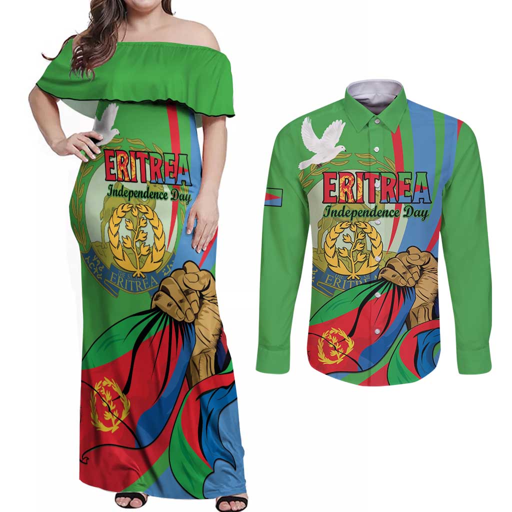 Eritrea Independence Day Couples Matching Off Shoulder Maxi Dress and Long Sleeve Button Shirt 24th May