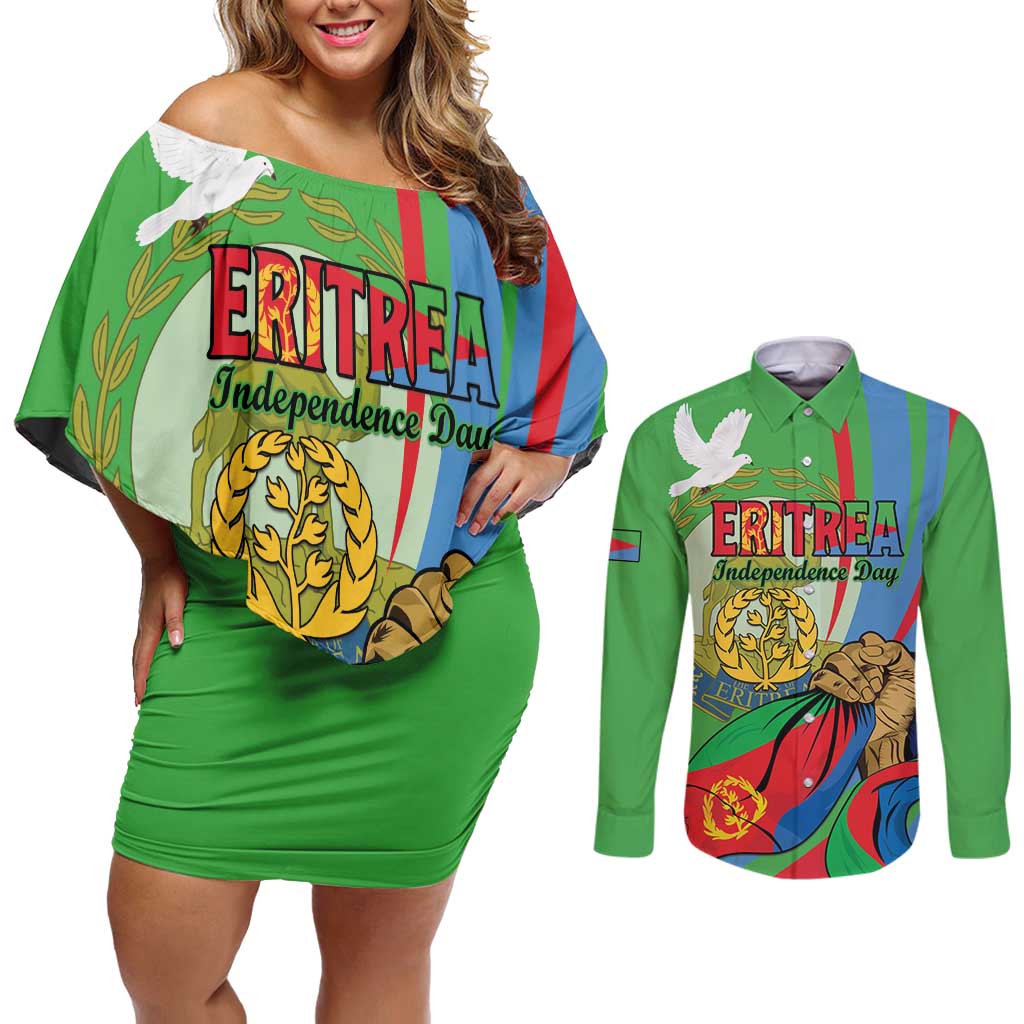 Eritrea Independence Day Couples Matching Off Shoulder Short Dress and Long Sleeve Button Shirt 24th May