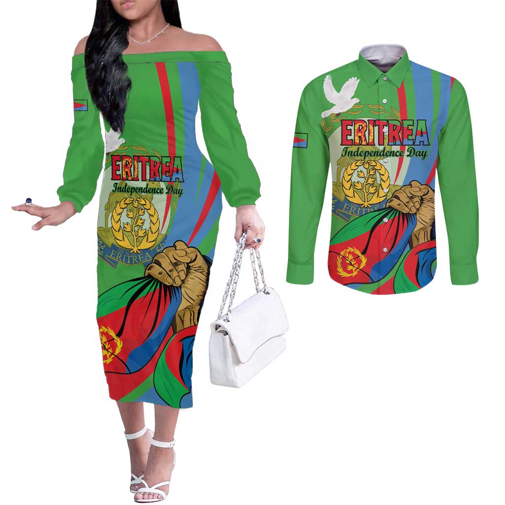Eritrea Independence Day Couples Matching Off The Shoulder Long Sleeve Dress and Long Sleeve Button Shirt 24th May