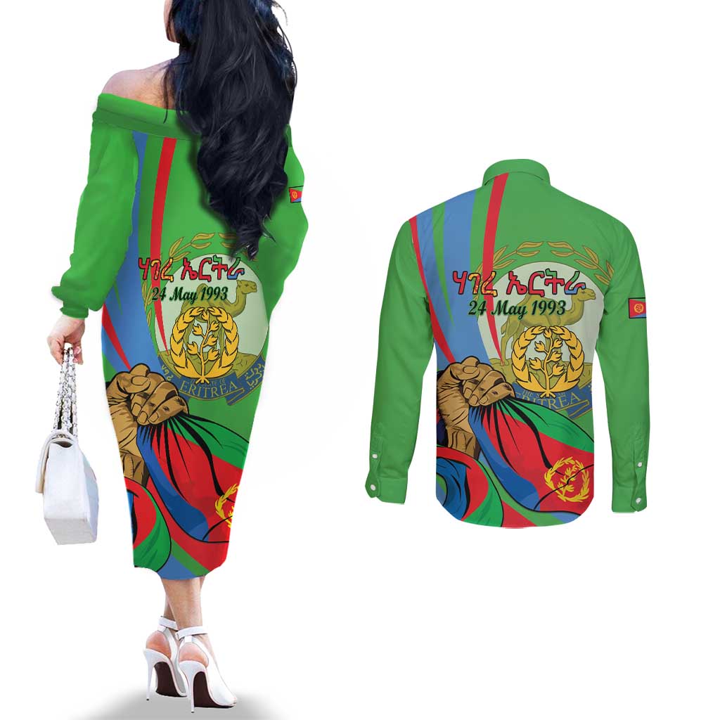 Eritrea Independence Day Couples Matching Off The Shoulder Long Sleeve Dress and Long Sleeve Button Shirt 24th May