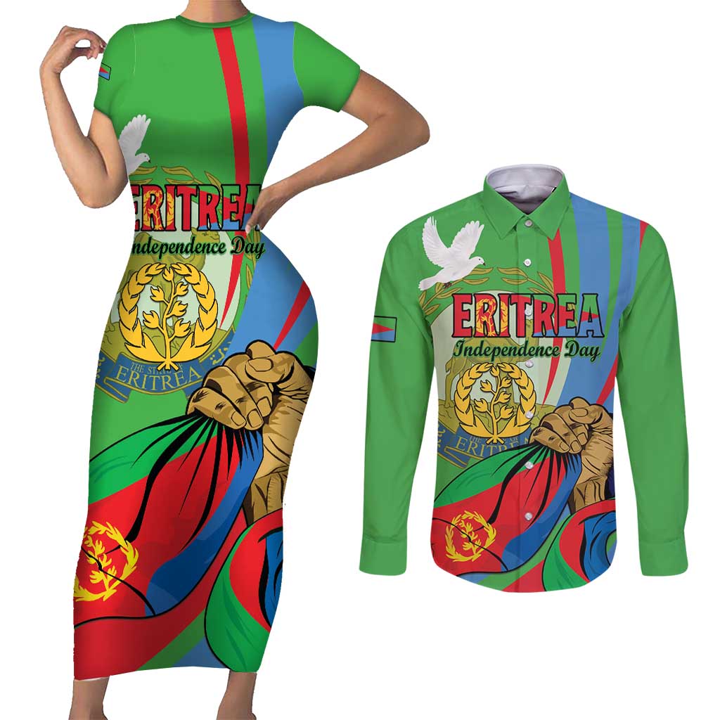 Eritrea Independence Day Couples Matching Short Sleeve Bodycon Dress and Long Sleeve Button Shirt 24th May