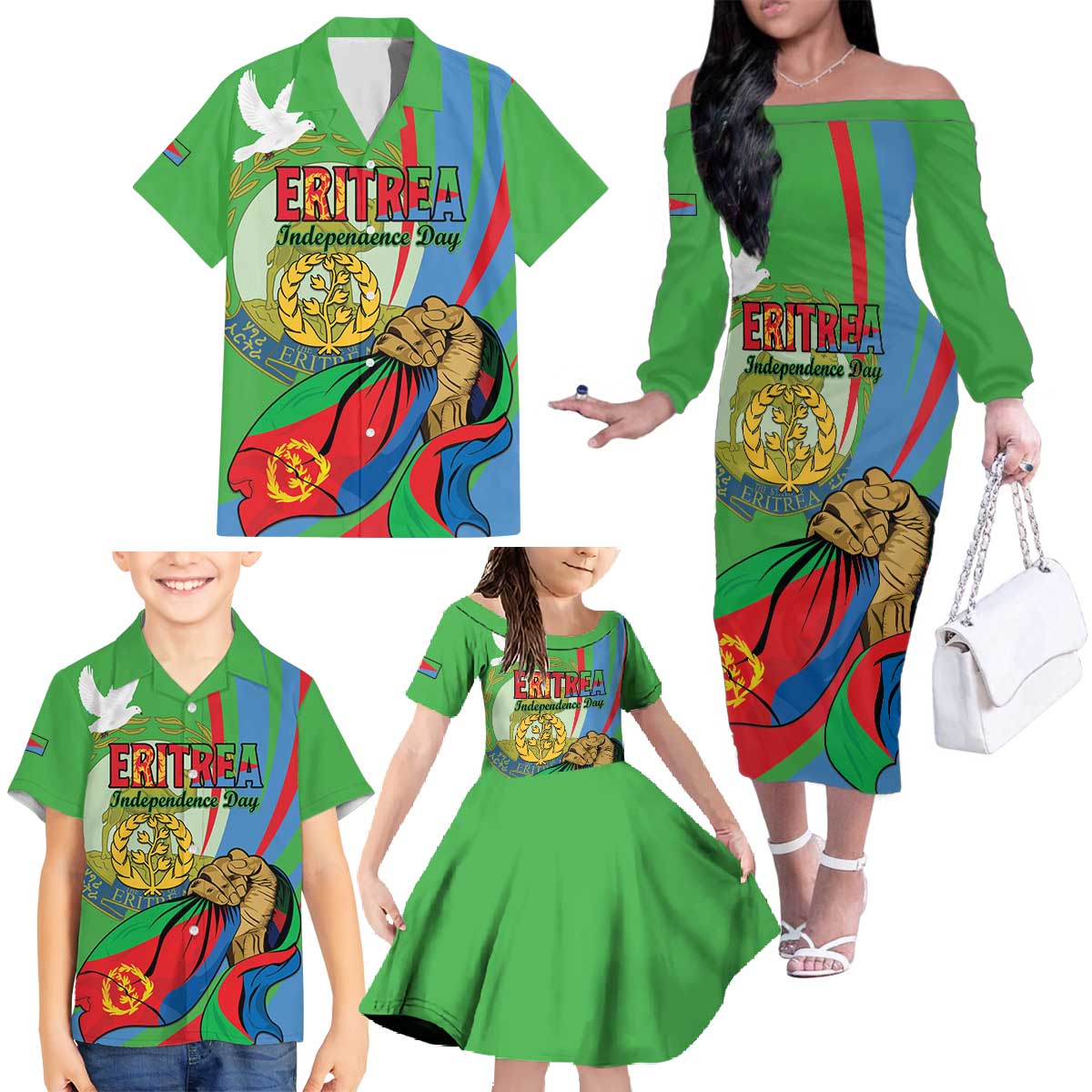 Eritrea Independence Day Family Matching Off The Shoulder Long Sleeve Dress and Hawaiian Shirt 24th May
