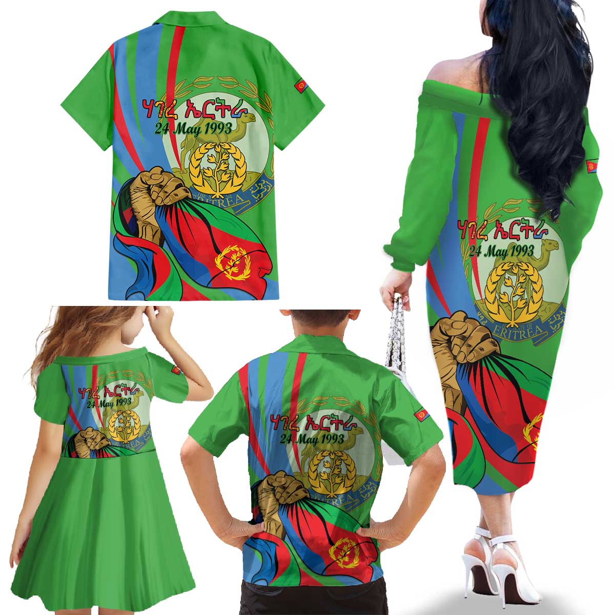 Eritrea Independence Day Family Matching Off The Shoulder Long Sleeve Dress and Hawaiian Shirt 24th May