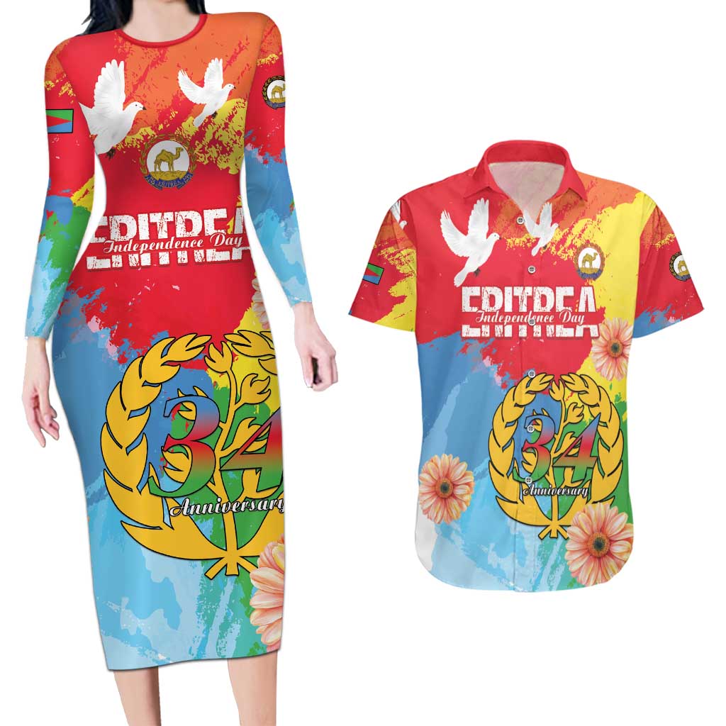 Personalised Eritrea Independence Day Couples Matching Long Sleeve Bodycon Dress and Hawaiian Shirt Grunge Style