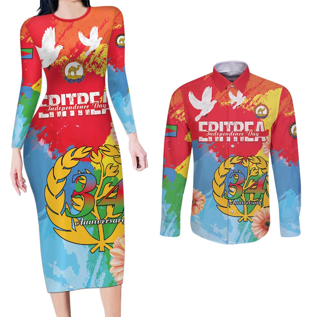 Personalised Eritrea Independence Day Couples Matching Long Sleeve Bodycon Dress and Long Sleeve Button Shirt Grunge Style