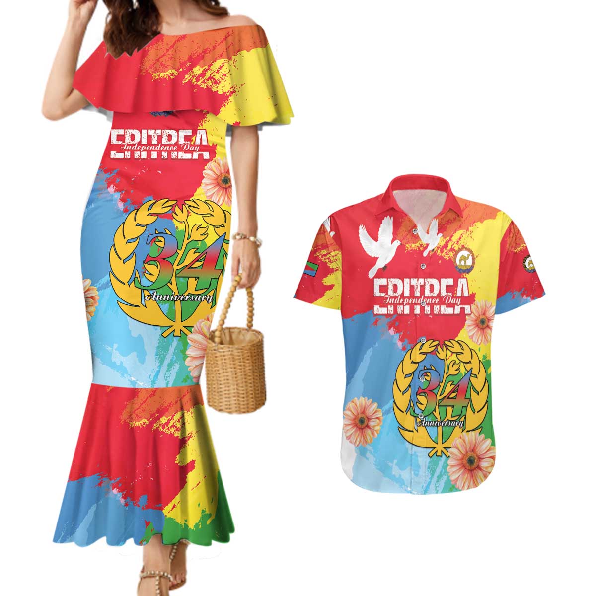 Personalised Eritrea Independence Day Couples Matching Mermaid Dress and Hawaiian Shirt Grunge Style