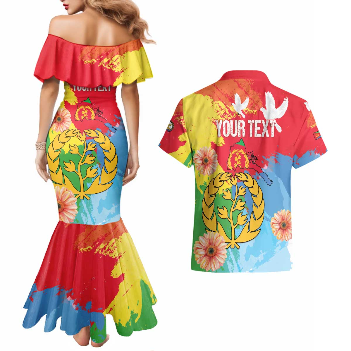 Personalised Eritrea Independence Day Couples Matching Mermaid Dress and Hawaiian Shirt Grunge Style