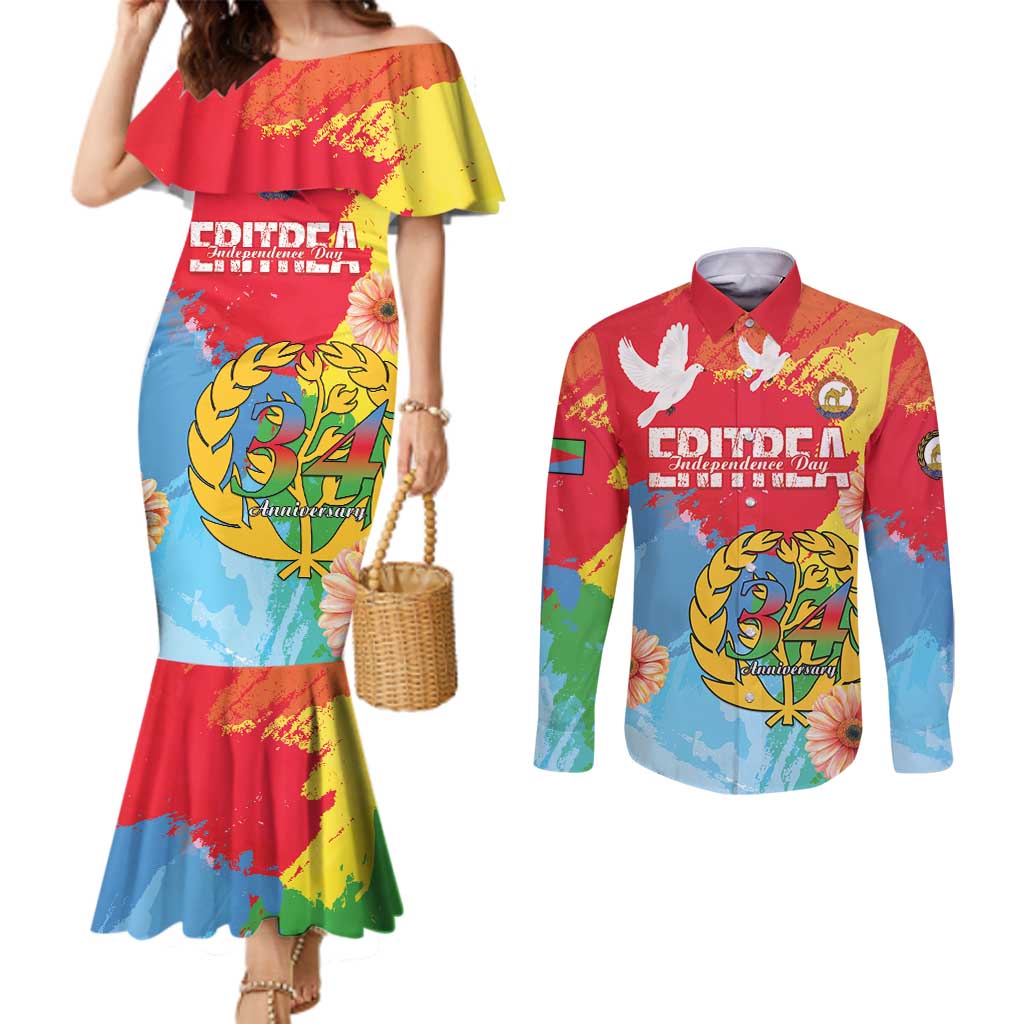 Personalised Eritrea Independence Day Couples Matching Mermaid Dress and Long Sleeve Button Shirt Grunge Style