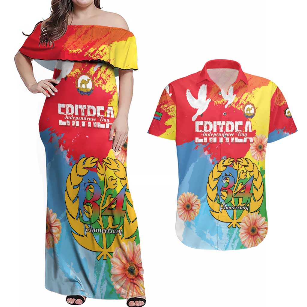 Personalised Eritrea Independence Day Couples Matching Off Shoulder Maxi Dress and Hawaiian Shirt Grunge Style