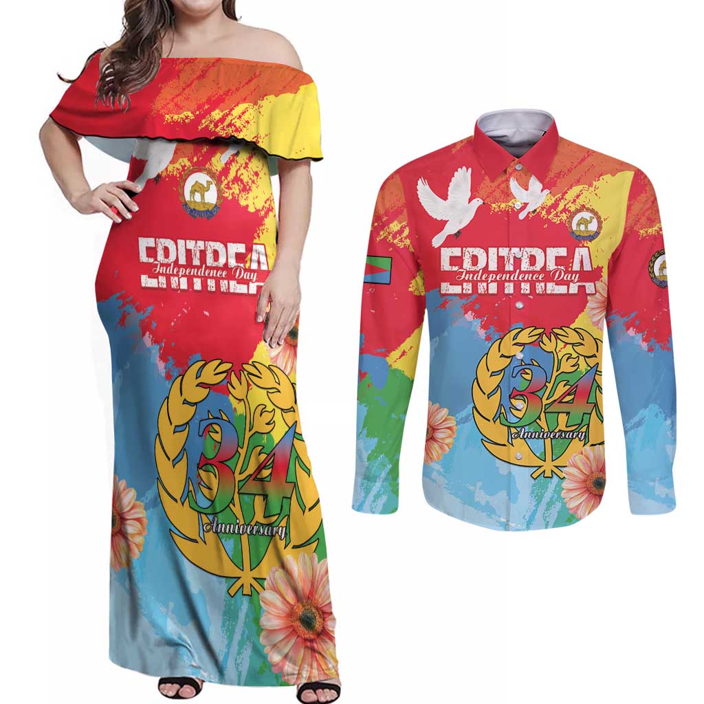 Personalised Eritrea Independence Day Couples Matching Off Shoulder Maxi Dress and Long Sleeve Button Shirt Grunge Style