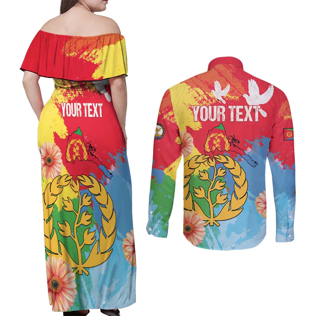 Personalised Eritrea Independence Day Couples Matching Off Shoulder Maxi Dress and Long Sleeve Button Shirt Grunge Style