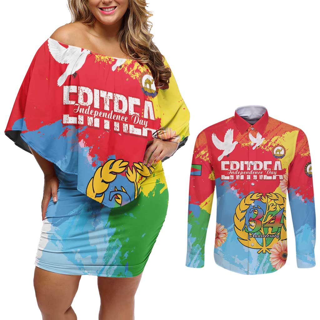 Personalised Eritrea Independence Day Couples Matching Off Shoulder Short Dress and Long Sleeve Button Shirt Grunge Style