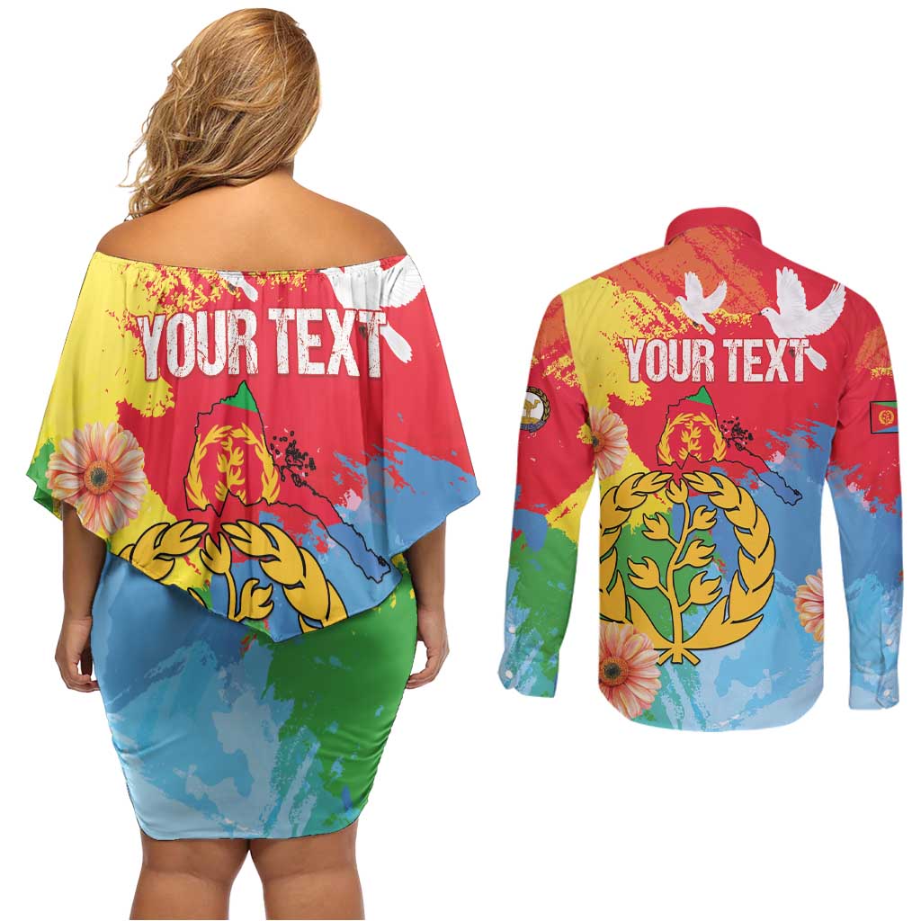 Personalised Eritrea Independence Day Couples Matching Off Shoulder Short Dress and Long Sleeve Button Shirt Grunge Style