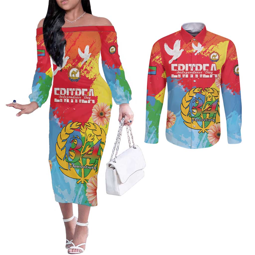 Personalised Eritrea Independence Day Couples Matching Off The Shoulder Long Sleeve Dress and Long Sleeve Button Shirt Grunge Style