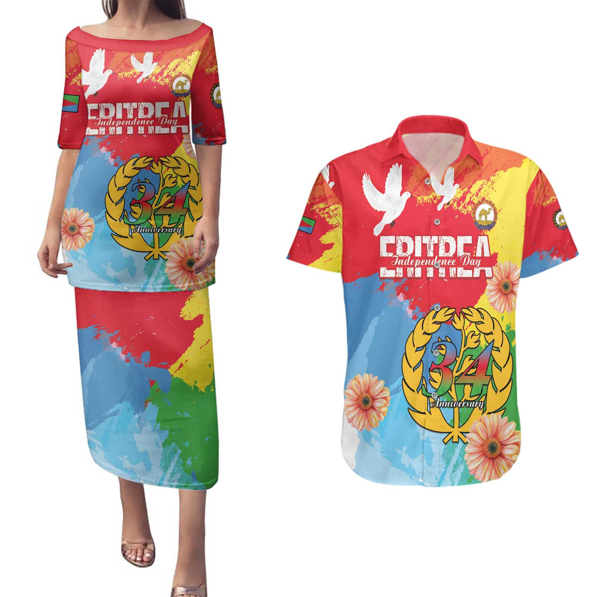 Personalised Eritrea Independence Day Couples Matching Puletasi and Hawaiian Shirt Grunge Style