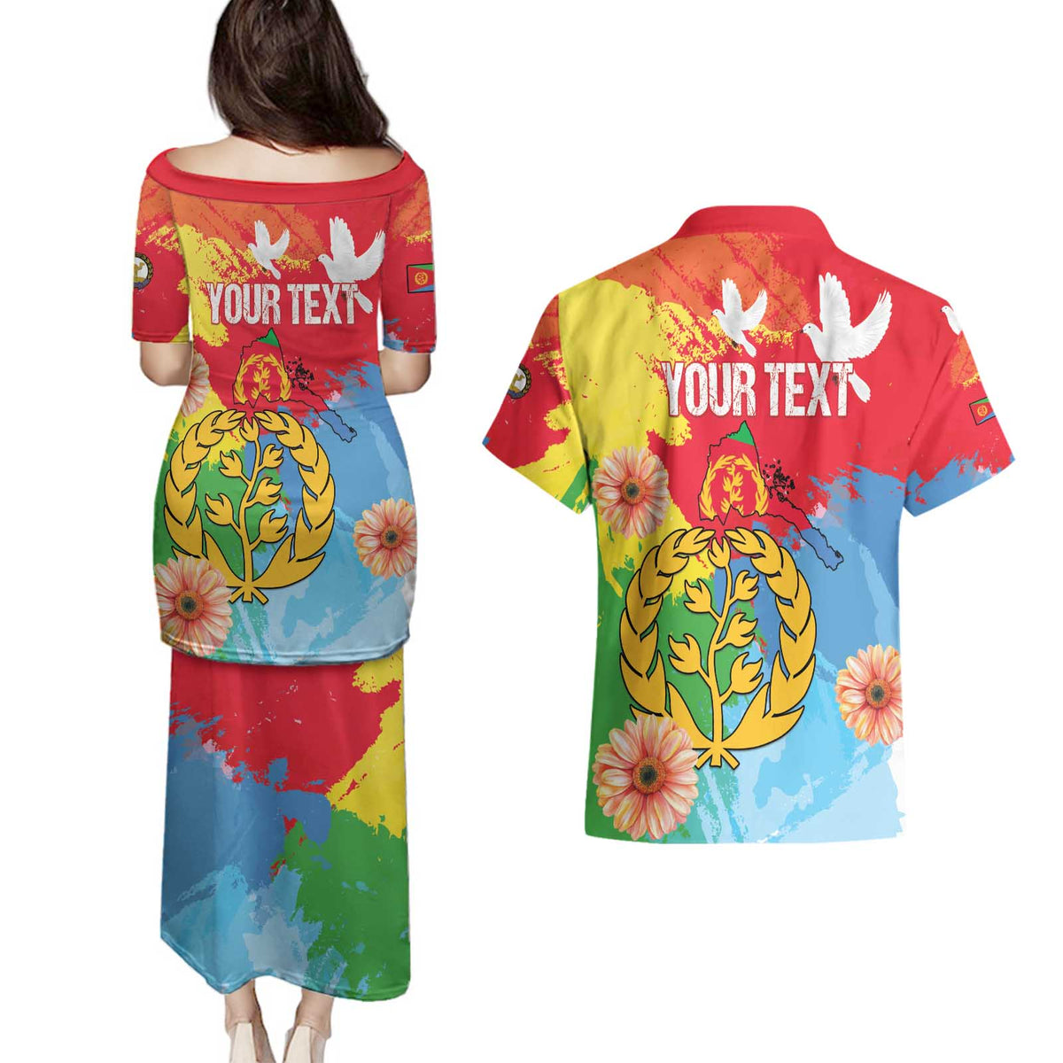 Personalised Eritrea Independence Day Couples Matching Puletasi and Hawaiian Shirt Grunge Style