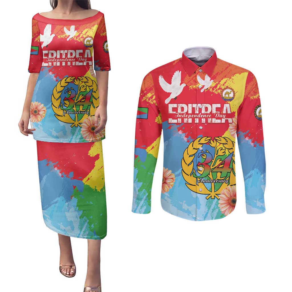 Personalised Eritrea Independence Day Couples Matching Puletasi and Long Sleeve Button Shirt Grunge Style