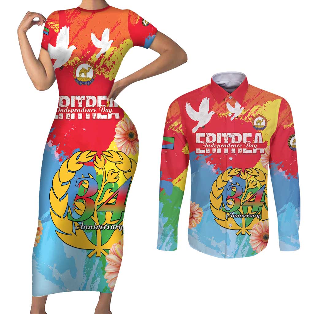 Personalised Eritrea Independence Day Couples Matching Short Sleeve Bodycon Dress and Long Sleeve Button Shirt Grunge Style