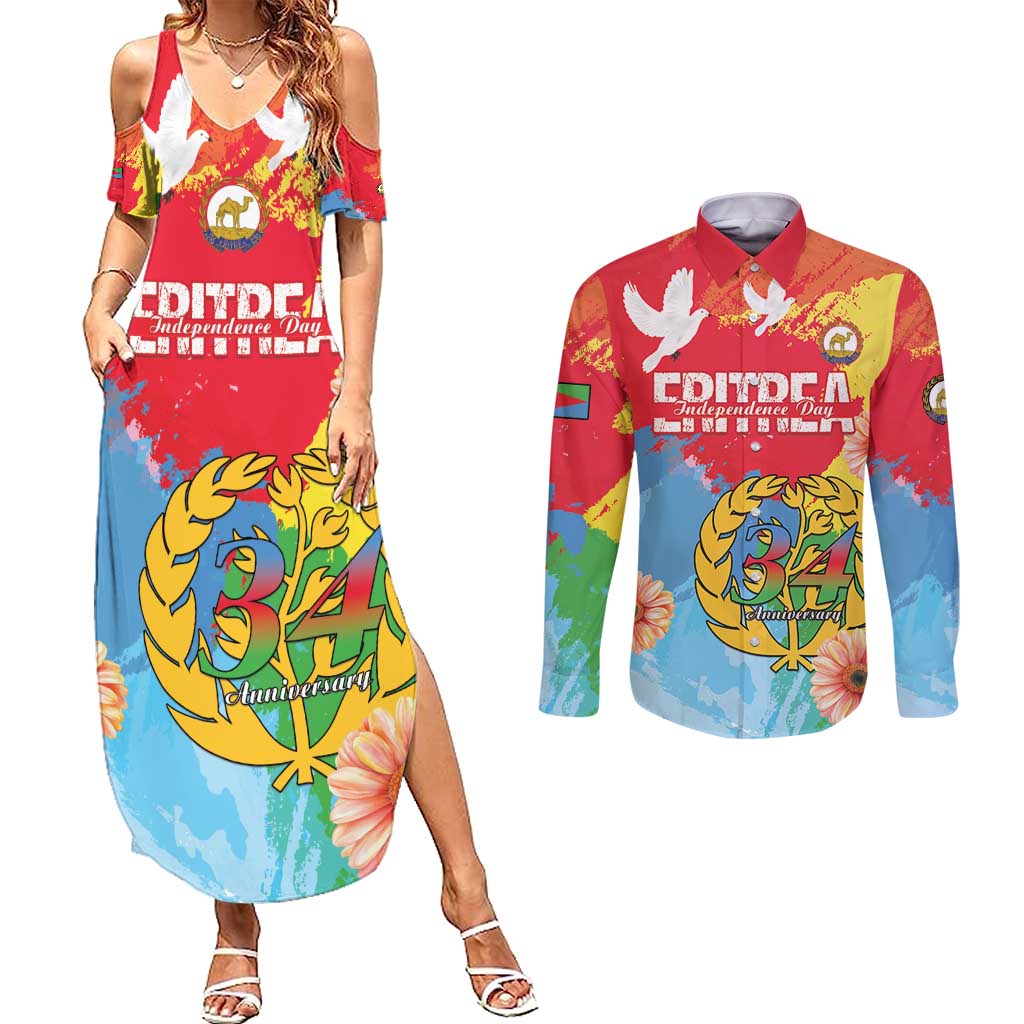 Personalised Eritrea Independence Day Couples Matching Summer Maxi Dress and Long Sleeve Button Shirt Grunge Style