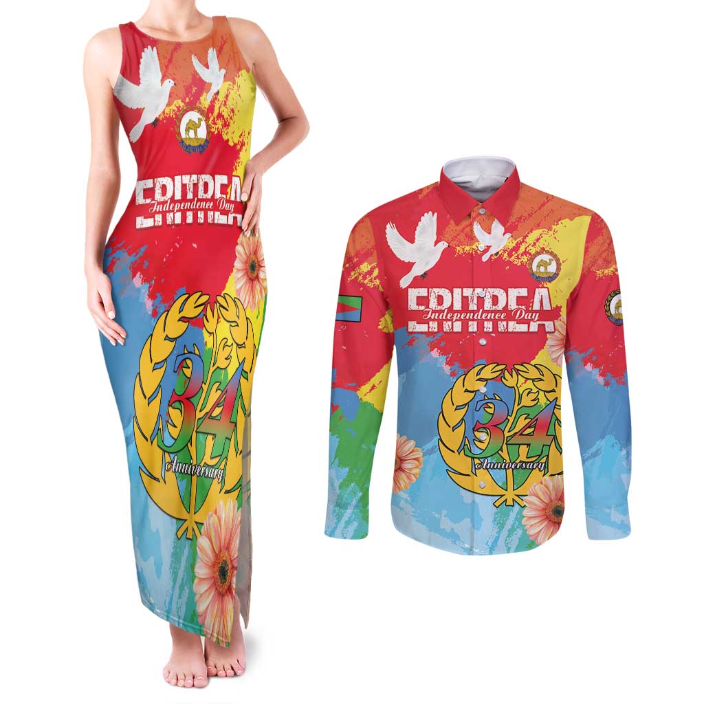 Personalised Eritrea Independence Day Couples Matching Tank Maxi Dress and Long Sleeve Button Shirt Grunge Style