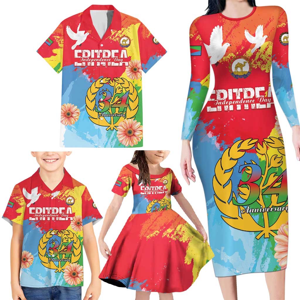 Personalised Eritrea Independence Day Family Matching Long Sleeve Bodycon Dress and Hawaiian Shirt Grunge Style