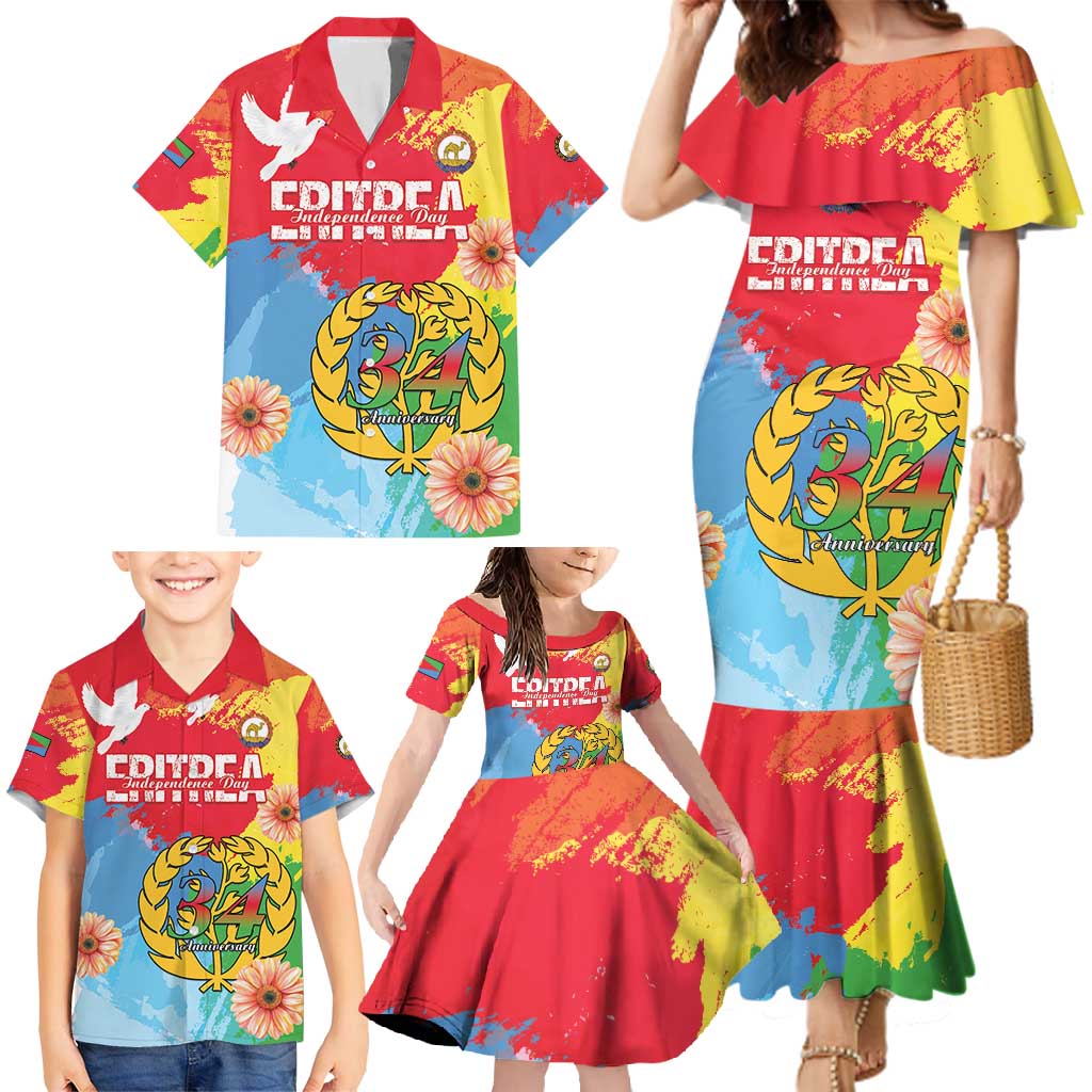 Personalised Eritrea Independence Day Family Matching Mermaid Dress and Hawaiian Shirt Grunge Style