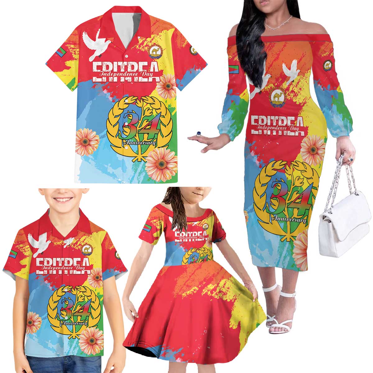 Personalised Eritrea Independence Day Family Matching Off The Shoulder Long Sleeve Dress and Hawaiian Shirt Grunge Style