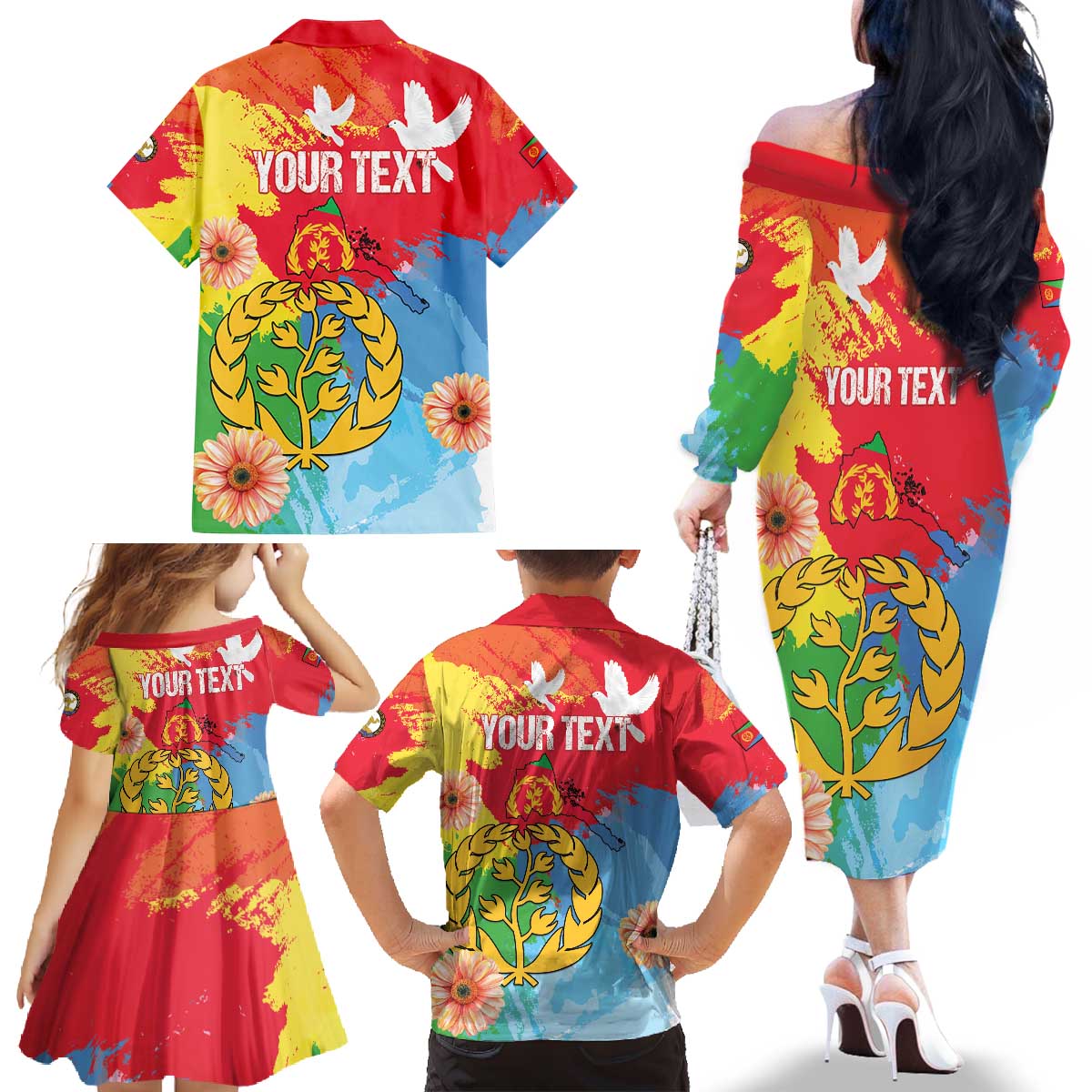 Personalised Eritrea Independence Day Family Matching Off The Shoulder Long Sleeve Dress and Hawaiian Shirt Grunge Style