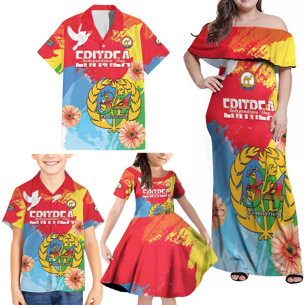 Personalised Eritrea Independence Day Family Matching Off Shoulder Maxi Dress and Hawaiian Shirt Grunge Style