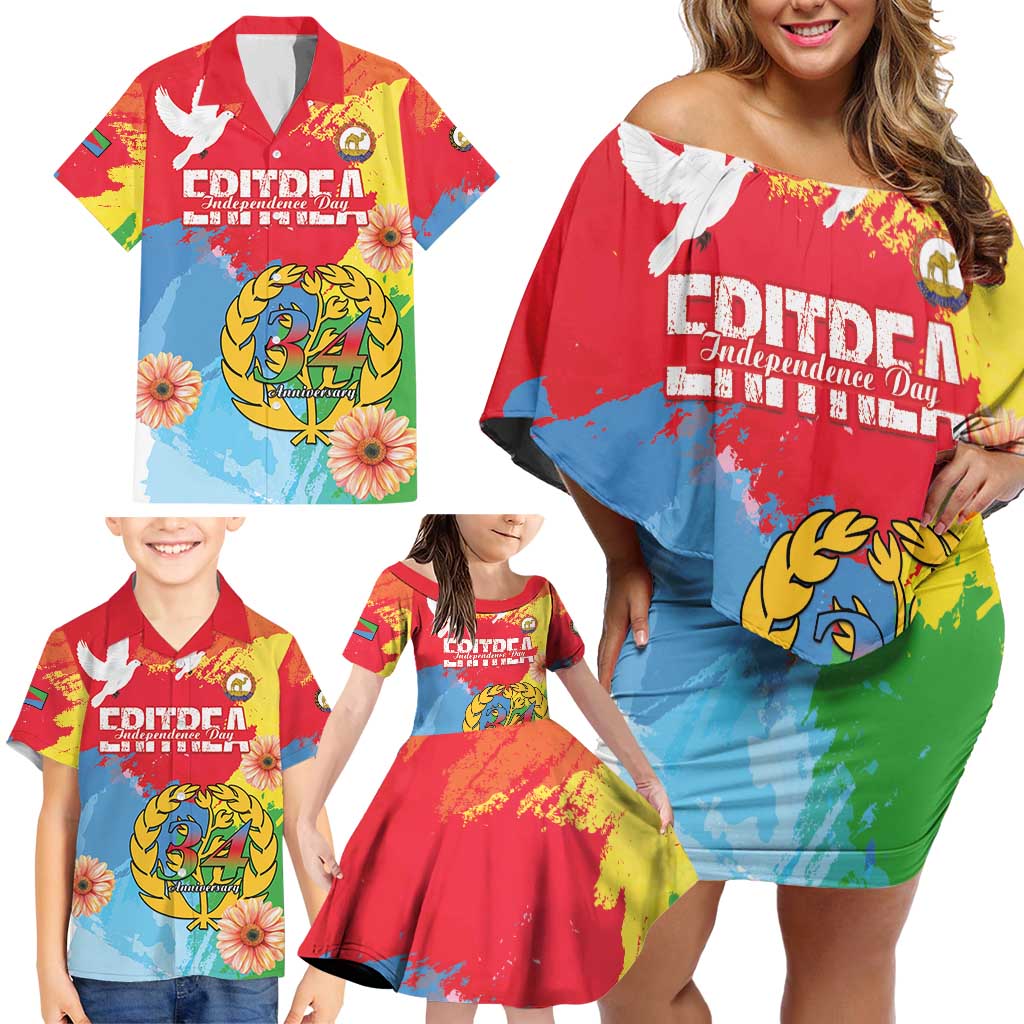 Personalised Eritrea Independence Day Family Matching Off Shoulder Short Dress and Hawaiian Shirt Grunge Style