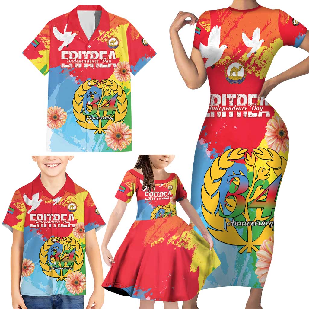 Personalised Eritrea Independence Day Family Matching Short Sleeve Bodycon Dress and Hawaiian Shirt Grunge Style