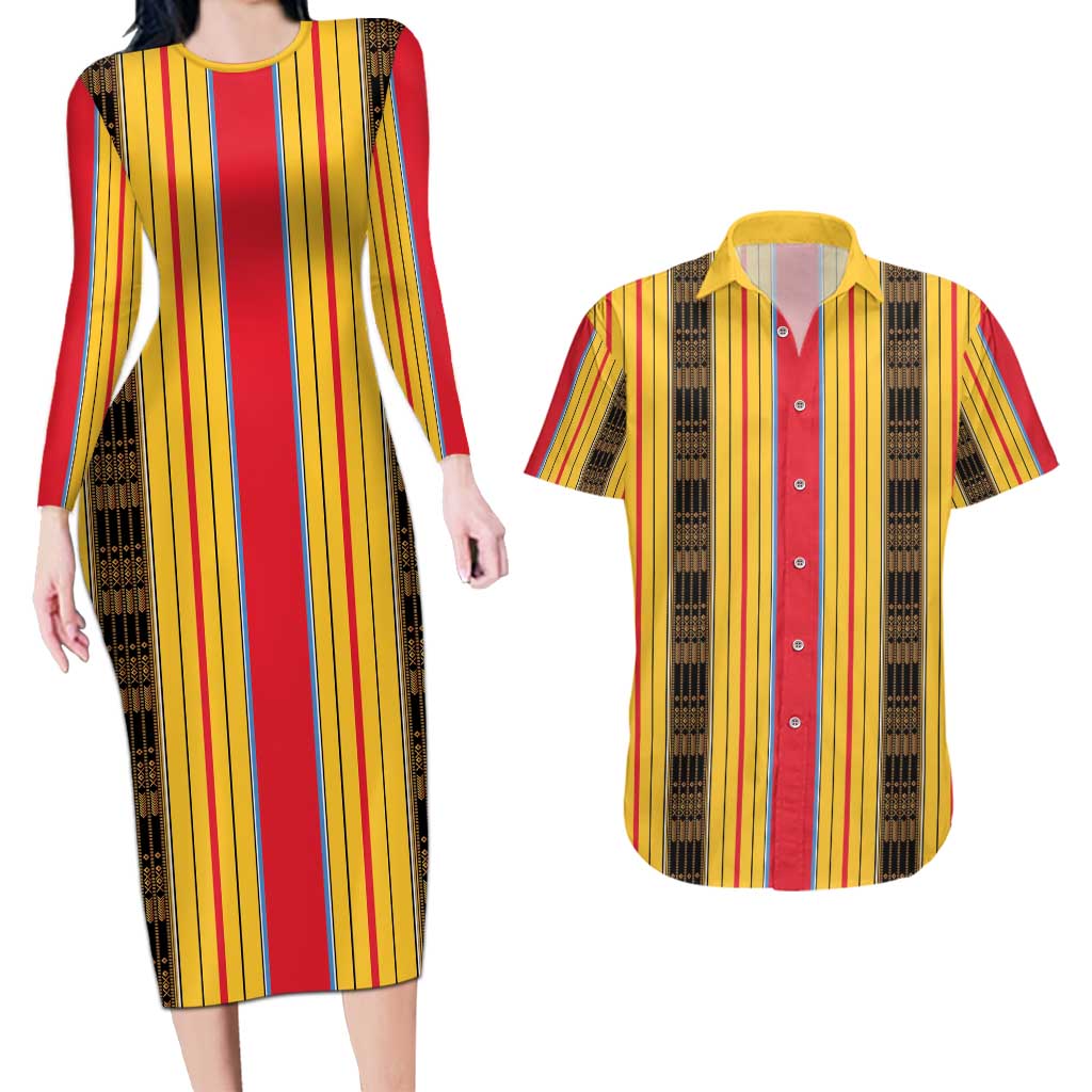 Eritrea Traditional Saho Couples Matching Long Sleeve Bodycon Dress and Hawaiian Shirt Mix Tilet Pattern