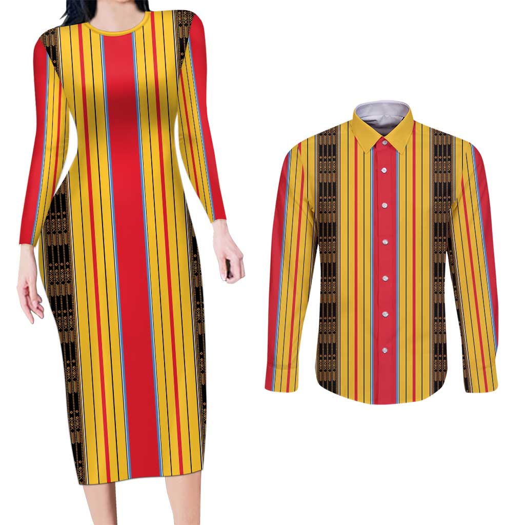 Eritrea Traditional Saho Couples Matching Long Sleeve Bodycon Dress and Long Sleeve Button Shirt Mix Tilet Pattern
