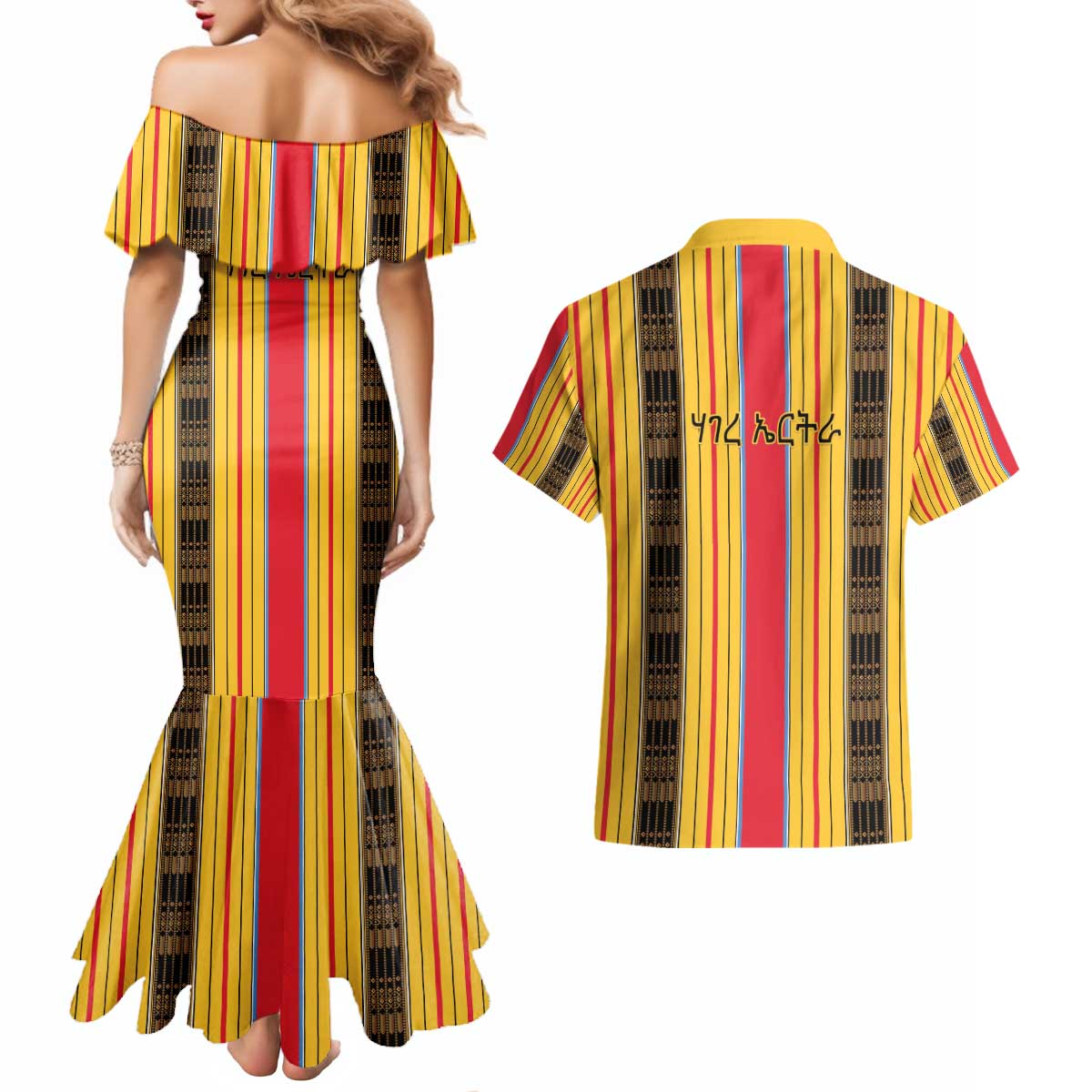 Eritrea Traditional Saho Couples Matching Mermaid Dress and Hawaiian Shirt Mix Tilet Pattern