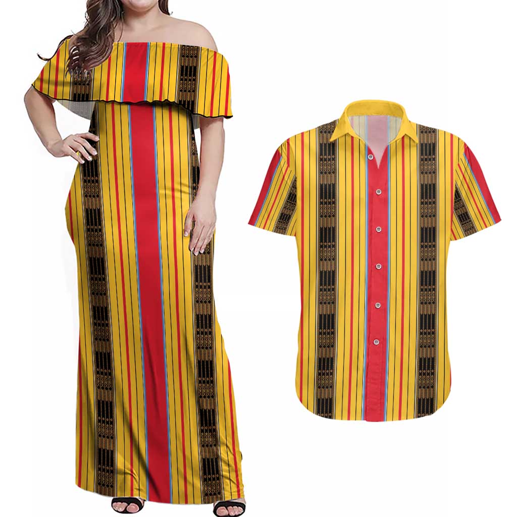 Eritrea Traditional Saho Couples Matching Off Shoulder Maxi Dress and Hawaiian Shirt Mix Tilet Pattern