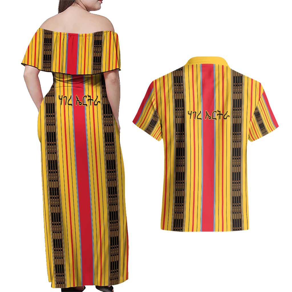 Eritrea Traditional Saho Couples Matching Off Shoulder Maxi Dress and Hawaiian Shirt Mix Tilet Pattern