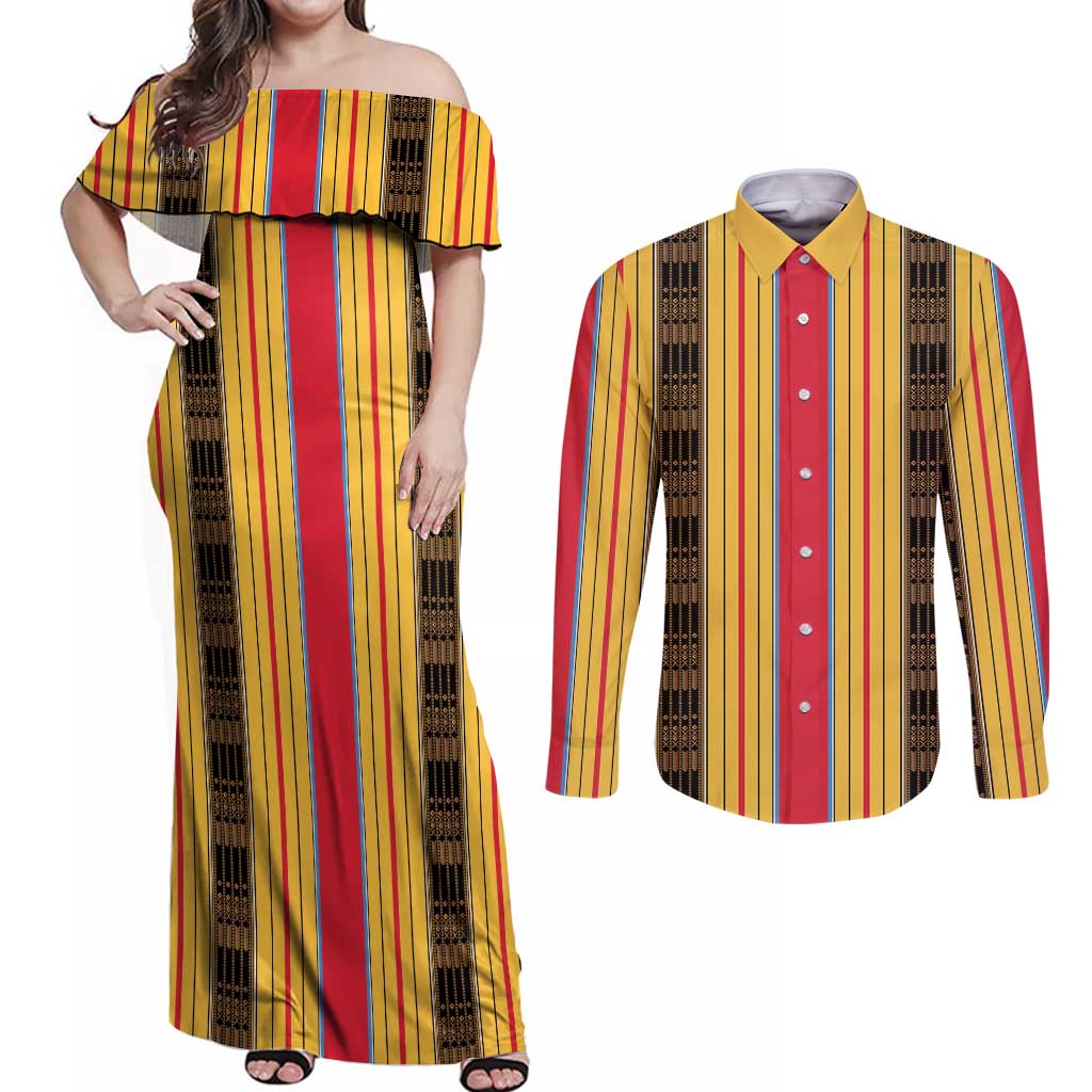 Eritrea Traditional Saho Couples Matching Off Shoulder Maxi Dress and Long Sleeve Button Shirt Mix Tilet Pattern