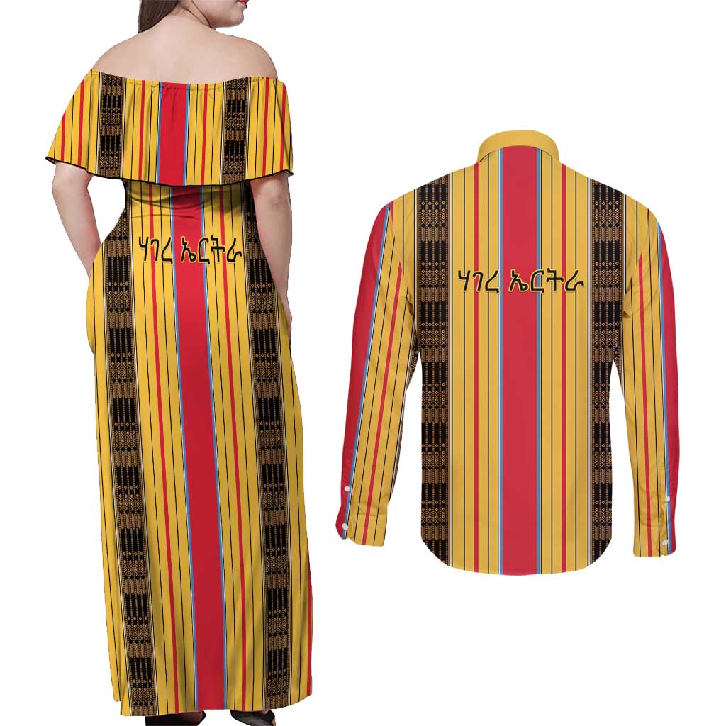 Eritrea Traditional Saho Couples Matching Off Shoulder Maxi Dress and Long Sleeve Button Shirt Mix Tilet Pattern