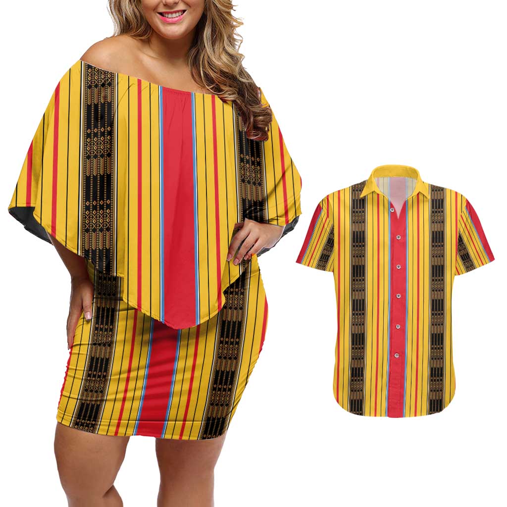 Eritrea Traditional Saho Couples Matching Off Shoulder Short Dress and Hawaiian Shirt Mix Tilet Pattern