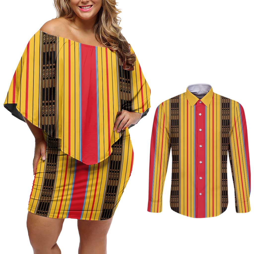 Eritrea Traditional Saho Couples Matching Off Shoulder Short Dress and Long Sleeve Button Shirt Mix Tilet Pattern