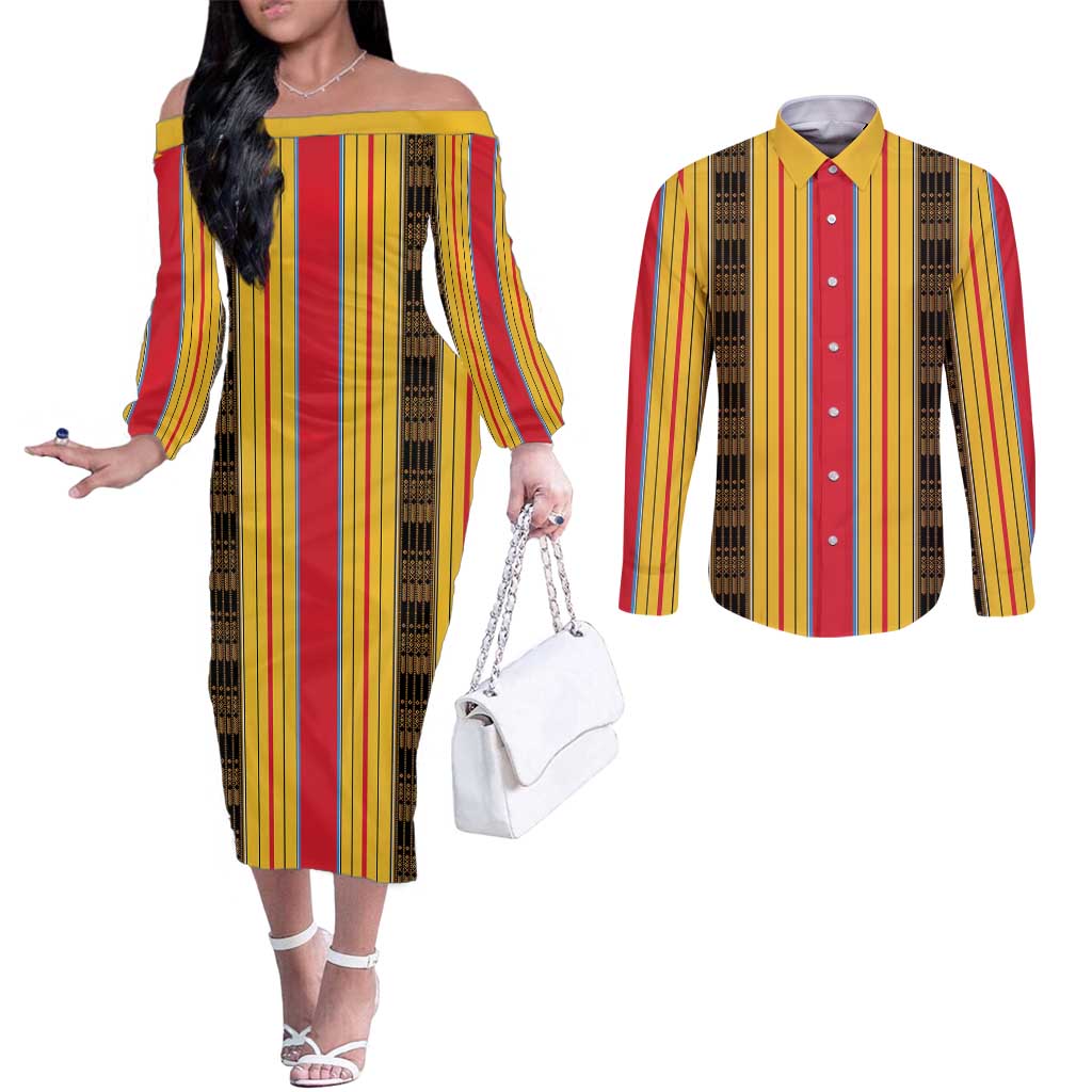 Eritrea Traditional Saho Couples Matching Off The Shoulder Long Sleeve Dress and Long Sleeve Button Shirt Mix Tilet Pattern