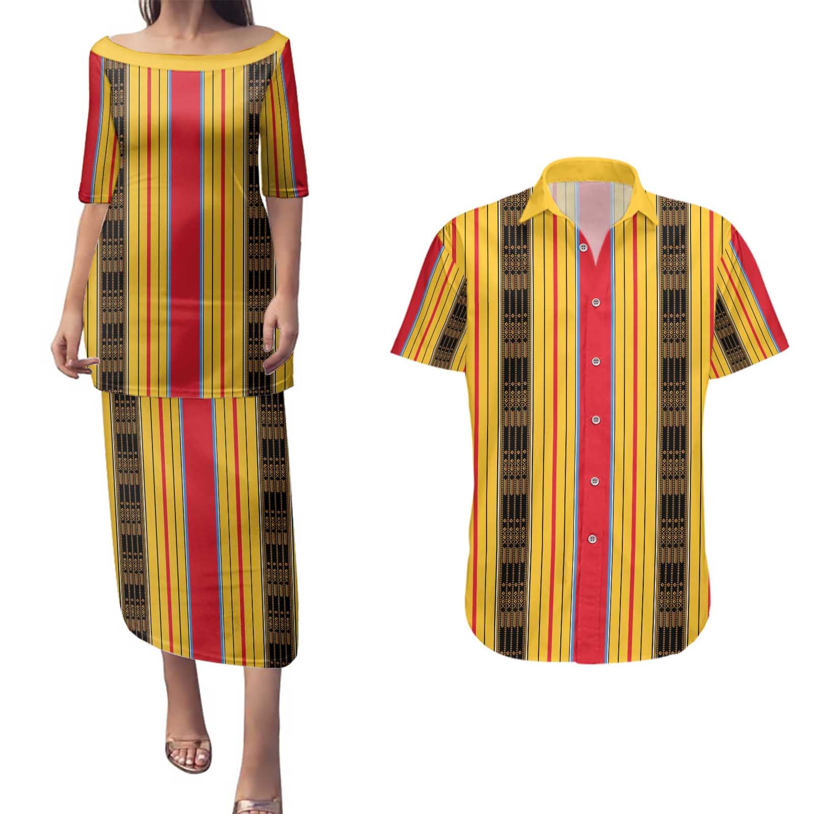 Eritrea Traditional Saho Couples Matching Puletasi and Hawaiian Shirt Mix Tilet Pattern