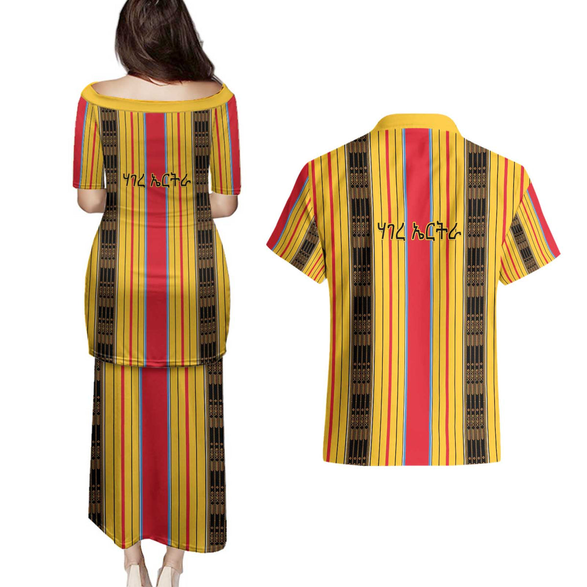 Eritrea Traditional Saho Couples Matching Puletasi and Hawaiian Shirt Mix Tilet Pattern