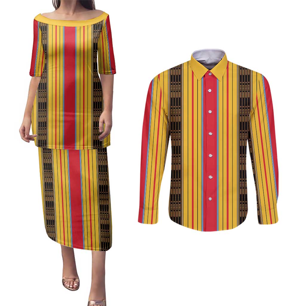 Eritrea Traditional Saho Couples Matching Puletasi and Long Sleeve Button Shirt Mix Tilet Pattern