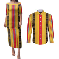 Eritrea Traditional Saho Couples Matching Puletasi and Long Sleeve Button Shirt Mix Tilet Pattern