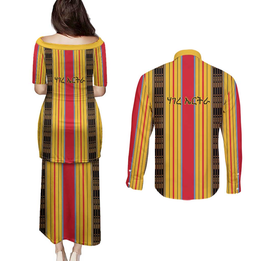 Eritrea Traditional Saho Couples Matching Puletasi and Long Sleeve Button Shirt Mix Tilet Pattern