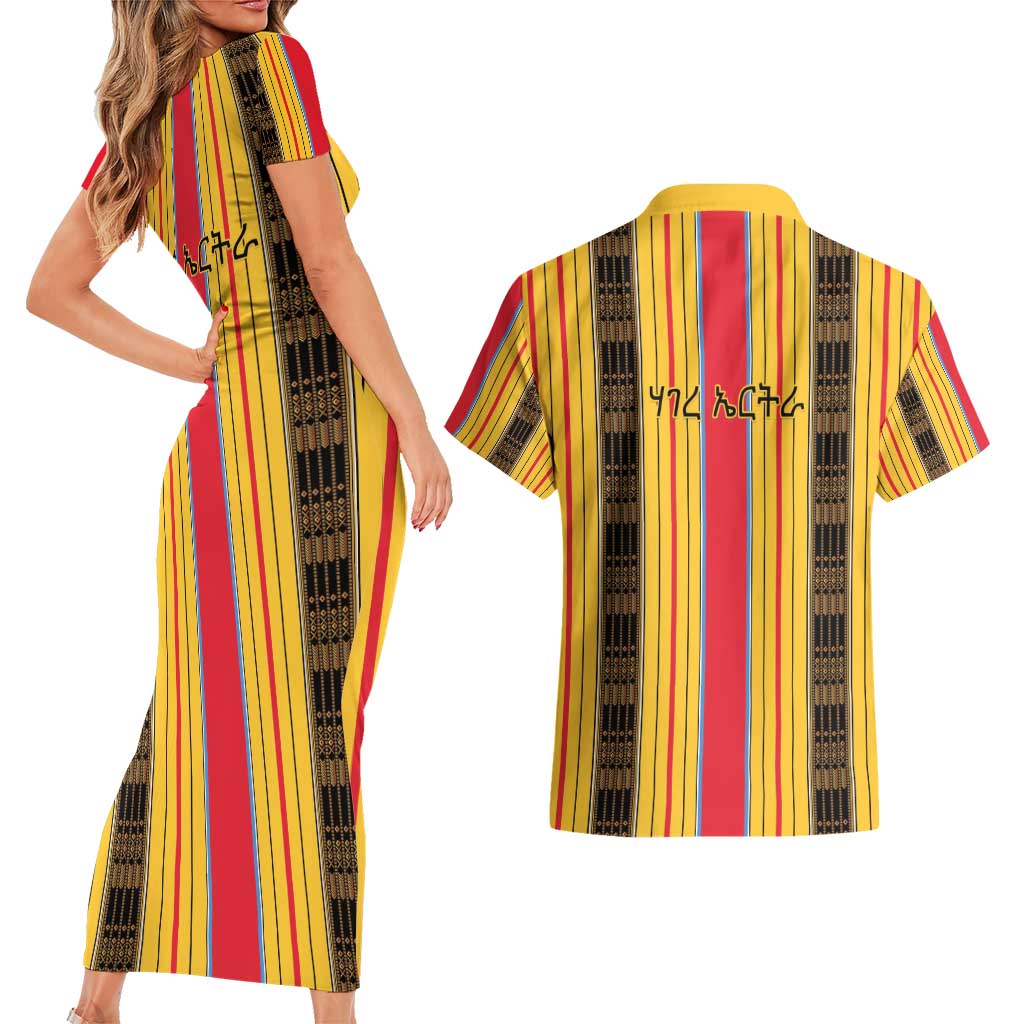 Eritrea Traditional Saho Couples Matching Short Sleeve Bodycon Dress and Hawaiian Shirt Mix Tilet Pattern