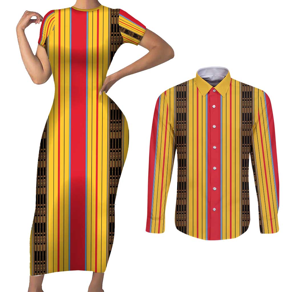 Eritrea Traditional Saho Couples Matching Short Sleeve Bodycon Dress and Long Sleeve Button Shirt Mix Tilet Pattern