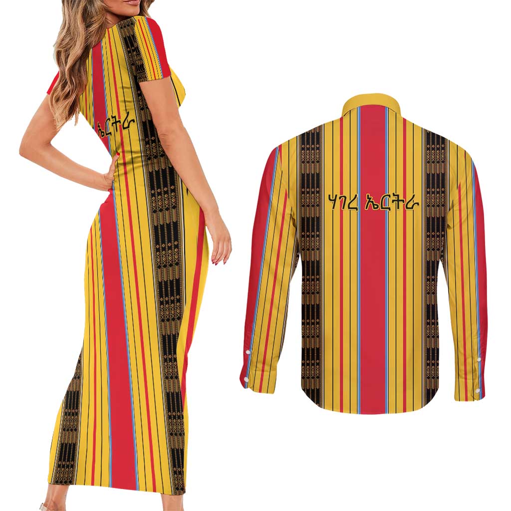 Eritrea Traditional Saho Couples Matching Short Sleeve Bodycon Dress and Long Sleeve Button Shirt Mix Tilet Pattern